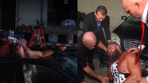 WATCH: Car destroyed as Bronson Reed delivers Tsunami to Braun Strowman in parking lot on WWE Raw