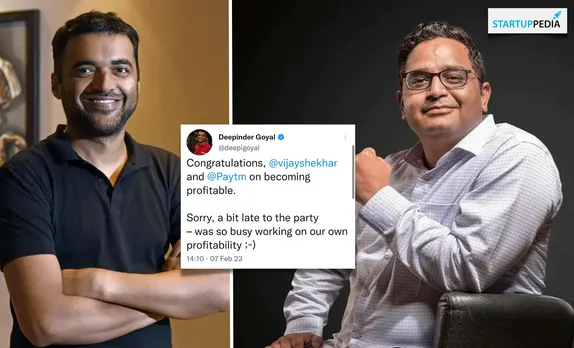 Deepender Goyal congrats Vijay Shekhar Sharma and Paytm on becoming profitable, and adds "Sorry, a bit late to the party - was busy working on our own profitability"