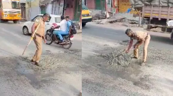 Coimbatore: police fill in cement potholes near annur highway road - video Tamil News