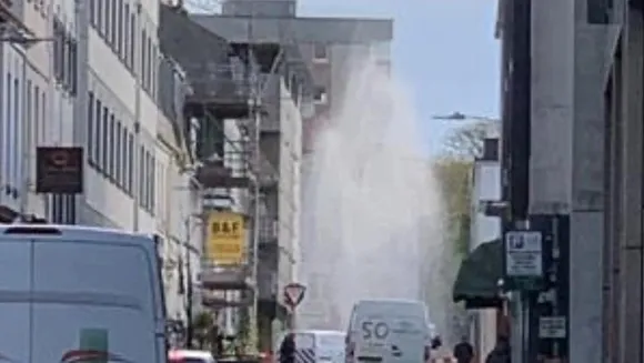 20-Foot Water Fountain Erupts from Burst Main in St Helier, Jersey