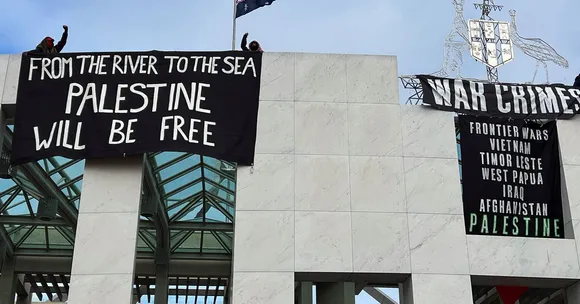 Pro-Palestine Protesters Scale Roof of Australia's Parliament House, Unfurl Banners Accusing Israel of War Crimes