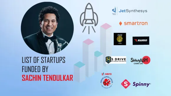 Smaaash Entertainment, JetSynthesys, International Tennis Premier League, Spinny, Smartron, Indian Super League, Musafir, True Blue, SRT Sports Management Private Limited, S Drive and Sach are the startups funded by Sachin Tendulkar.
