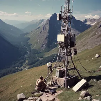 a man sitting on a mountain with a radio tower