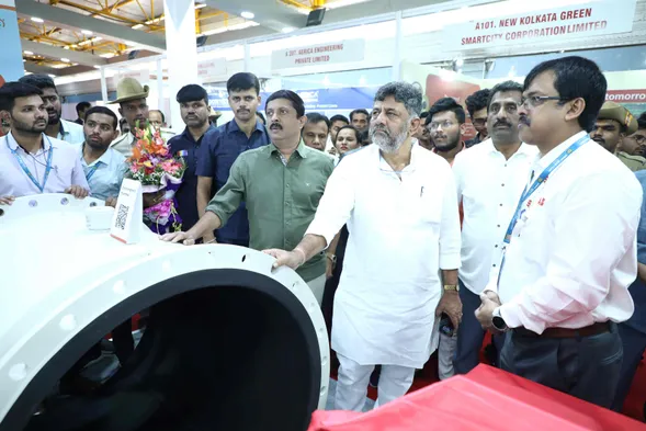 Dy CM D. K. Shivakumar at ABB India Municipalika 2023 booth - In conversation about ABB’s 1100 mm electromagnetic flowmeter. Over 500 such flowmeters are installed in Bengaluru city used to measure flow of water