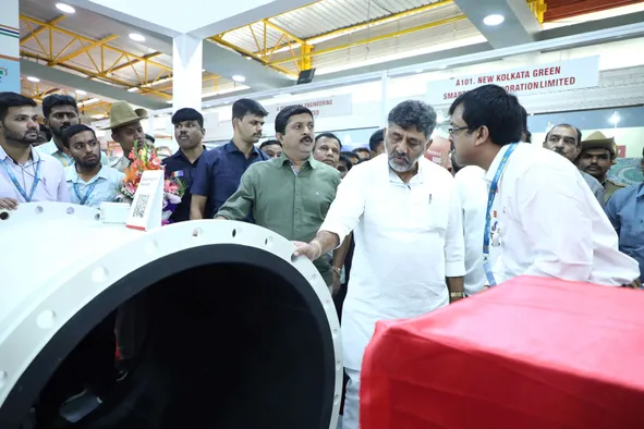 Dy CM D. K. Shivakumar at ABB India Municipalika 2023 booth - In conversation about ABB’s 1100 mm electromagnetic flowmeter. Over 500 such flowmeters are installed in Bengaluru city used to measure flow of water 2