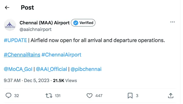 Chennai Airport Resumes Operations