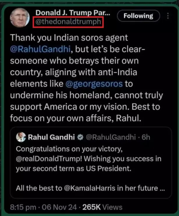 Donald Trump x post calling Rahul Gandhi a George Soros 
