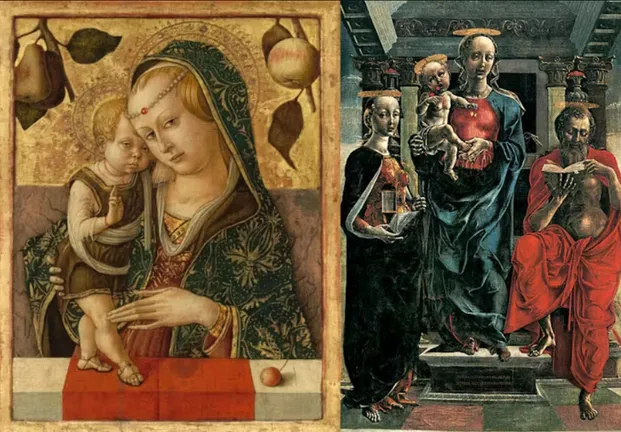 Left: Prudence by Andrea della Robbia (circa 1475). Right: Madonna and Child with St. Mary Magdelene and St. Jerome by Cosmè Tura (circa 1455). National Gallery of Art/Musée Fesch