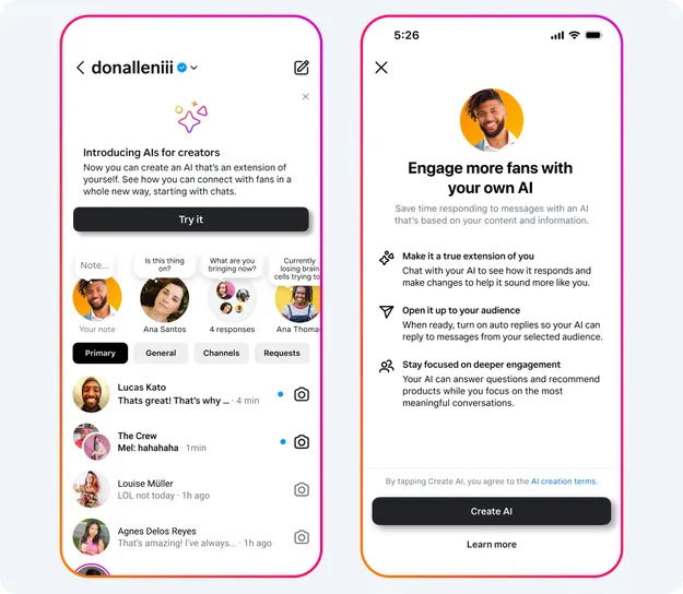 Image of two phone screens, one showing the user&#039;s DMs and the second showing the create AI page for creators