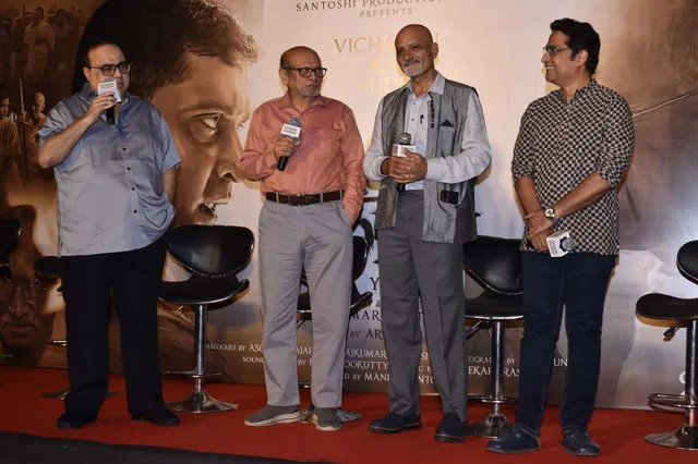 Bollywood filmmaker Rajkumar Santoshi alongwith Actors Chinmay Mandlekar(Nathuram Godse), Deepak Antani(Mahatma Gandhi), writer Asghar Wajahat and deutants Tanisha Santoshi with Anuj Saini poses during trailer launch their upcoming film 'Gandhi Godse Ek Yudh' in Mumbai on wednesday11.01.2023