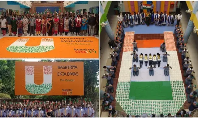 Podar World Schools students celebrate National Unity Day by making a huge cut-out with the message 'U for Unity'