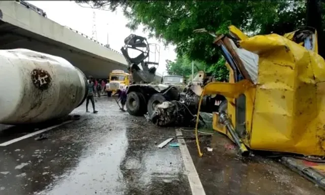 Concrete mixer truck fell down from overbridge in Vadodara