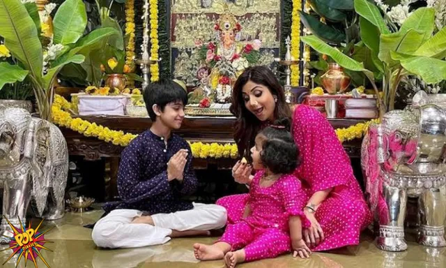 Shilpa Shetty Celebrates Ganesh Chaturthi Festival, as She Twins with her Daughter on the other side Feeds Son Viaan Laddoo