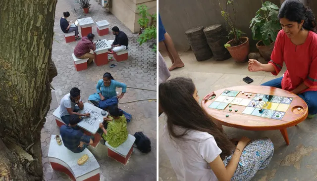 Kavade's board game installations in an office (left) and board game furniture (right)