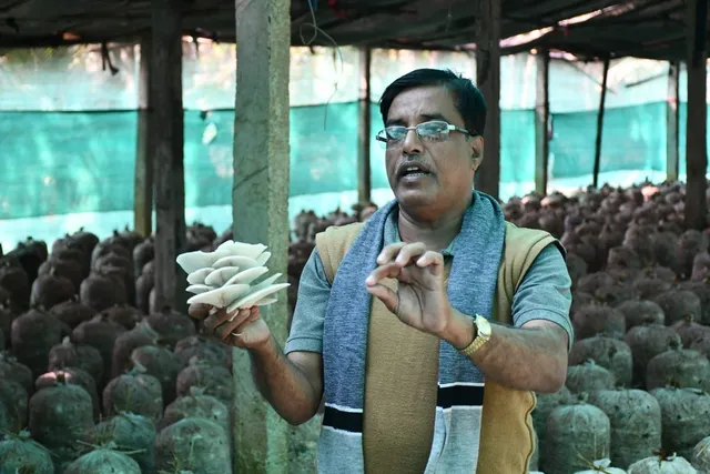 Santosh Mishra’ at his mushroom farm in Pipli, Odisha