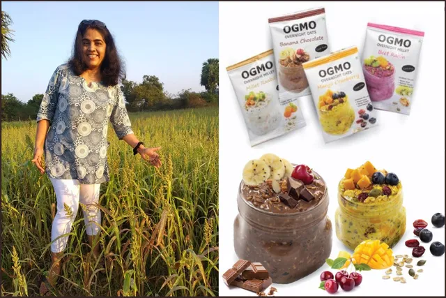 Sanjeeta KK at her farm in Maduranthakam (left) and OGMO Foods' products