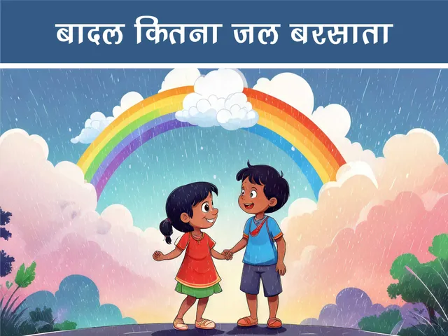 cartoon image of kids enjoying rainbow in rain