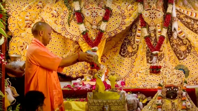 Uttar Pradesh Chief Minister Yogi Adityanath offers prayers at Shri Krishna Janmasthan Temple on the occasion of the Janamshtami festival, in Mathura.