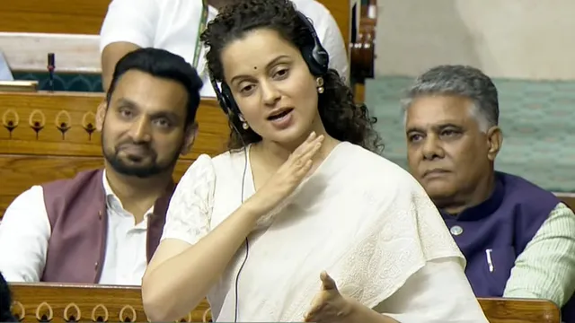 BJP MP Kangana Ranaut speaks in the Lok Sabha during the Monsoon session of Parliament, in New Delhi, Friday, July 26, 2024.