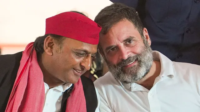 Congress leader Rahul Gandhi with Samajwadi Party (SP) chief Akhilesh Yadav during an election rally for the Lok Sabha polls, in Kanpur, Friday, May 10, 2024