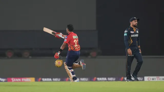 Punjab Kings's Shashank Singh celebrates after winning the Indian Premier League (IPL) 2024 T20 cricket match