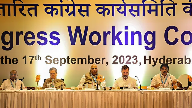 Congress President Mallikarjun Kharge with Sonia Gandhi, Rahul Gandhi and other senior leaders during the second day of Congress Working Committee (CWC) meeting, in Hyderabad