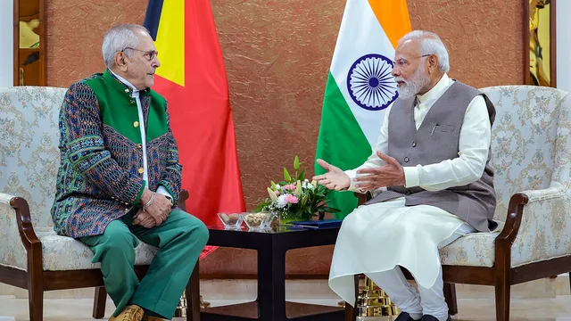 Prime Minister Narendra Modi in a meeting with President of Timor-Leste Jose Ramos-Horta, at Mahatma Mandir in Gandhinagar