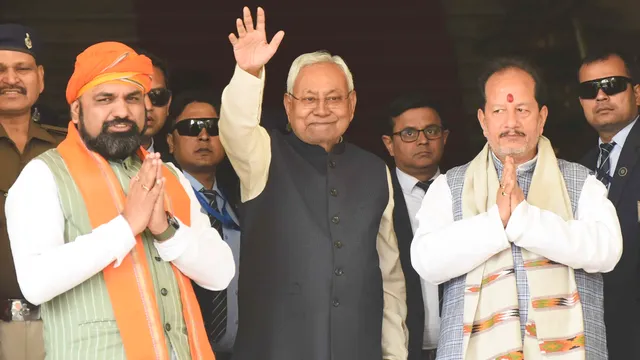 Bihar Chief Minister Nitish Kumar along with Deputy CM's Samrat Choudhry and Vijay Kumar Sinha arrives at the State Assembly