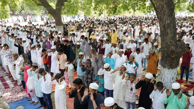 Muslims offer 'namaz' on the occasion of Eid al-Adha festival, at an Eidgah in Lucknow, Monday, June 17, 2024.