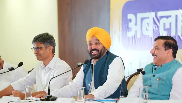 Punjab Chief Minister Bhagwant Mann along with AAP leaders Sanjay Singh and Sandeep Pathak addresses a press conference, in Chandigarh. 