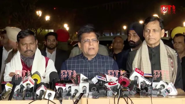 Piyush Goyal address media after the fourth round of talks with farmer leaders. Arjun Munda and Nityanand Rai are also present.