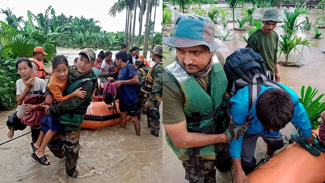 An Assam Rifles personnel carries a girl during a rescue operation in a flood-affected area, at Bijoypur village in Diyun circle in Changlang district, Arunachal Pradesh, Tuesday, July 2, 2024.