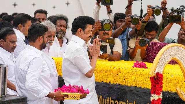 Tamil Nadu Chief Minister MK Stalin with DMK leaders pays tribute to former state chief minister M Karunanidhi on his birth anniversary at his memorial, at Marina Beach, in Chennai, Monday, June 3, 2024