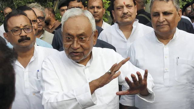 Nitish Kumar speaks with the media regarding the caste-based census report, in Patna, Monday, Oct. 2, 2023.