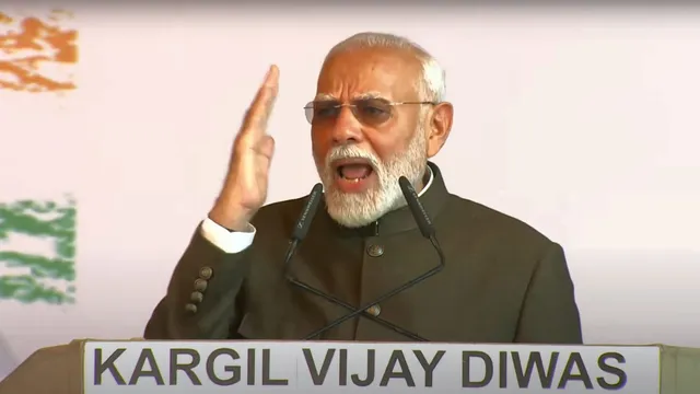 Prime Minister Narendra Modi speaks during a program to commemorate the 25th anniversary of the Kargil Vijay Diwas at the Kargil War Memorial, in Drass, Friday, July 26, 2024.