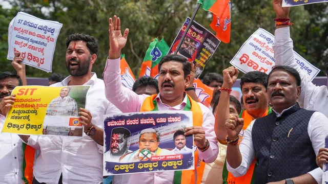 Karnataka BJP President B Y Vijayendra during a protest demanding the resignation of Chief Minister Siddaramaiah, in Bengaluru, Thursday, July 18, 2024.