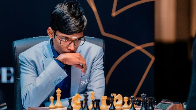 Grandmaster R Praggnanandhaa during Round 6 match against Grandmaster Nijat Abasov at the FIDE Candidates 2024 chess tournament, in Toronto, Canada, Thursday, April 11, 2024