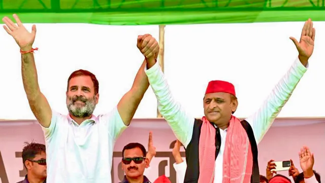 Congress leader Rahul Gandhi and Samajwadi Party President Akhilesh Yadav during a rally for Lok Sabha elections, in Kannauj district, Friday, May 10, 2024