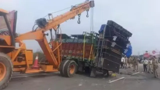 At least 10 kanwariyas were injured when their truck overturned due to tyre busrt near Satheri village in Muzaffarnagar on Saturday morning