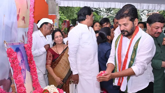 Telangana Chief Minister A Revanth Reddy paying homage to former Chief Minister of undivided Andhra Pradesh Y S Rajasekhara Reddy on his 75th birth anniversary