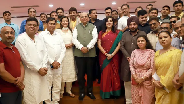 Delhi Lt Governor Vinai Kumar Saxena with BJP MPs Manoj Tiwari, Bansuri Swaraj, Kamaljeet Sehrawat and Yogender Chandolia, party leader Arvinder Singh Lovely and others during a meeting with teachers over the recent transfer orders, in New Delhi.