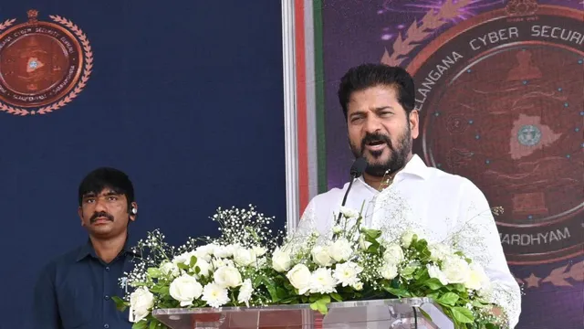 Telangana Chief Minister A Revanth Reddy speaking after flagging off a fleet of vehicles of state anti-narcotics bureau and cyber security bureau