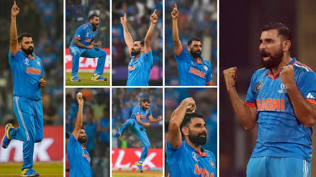 A combination of photos shows India's bowler Mohammed Shami celebrating the dismissal of New Zealand's batters during the first semifinal match against New Zealand, at the Wankhede Stadium in Mumbai, Wednesday, Nov. 15, 2023.