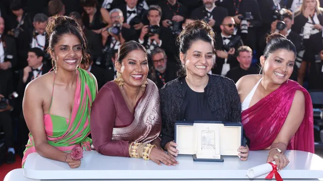 Payal Kapadia with Kani Kusruti, Chhaya Kadam and Divya Prabha after winning the award.