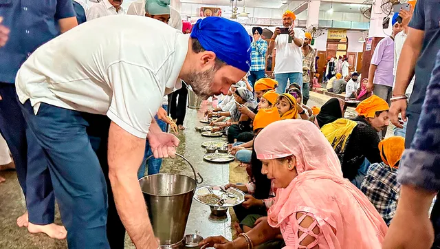 Congress leader Rahul Gandhi performs 'sewa' during a visit to the Golden Temple, in Amritsar, Tuesday