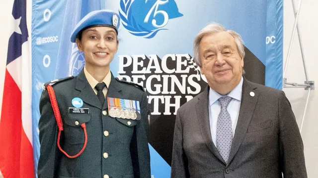Secretary-General of the United Nations Antonio Guterres with Indian Army Major Radhika Sen who has been conferred with the 'UN Military Gender Advocate of the Year' Award, at UN Headquarters, in New York