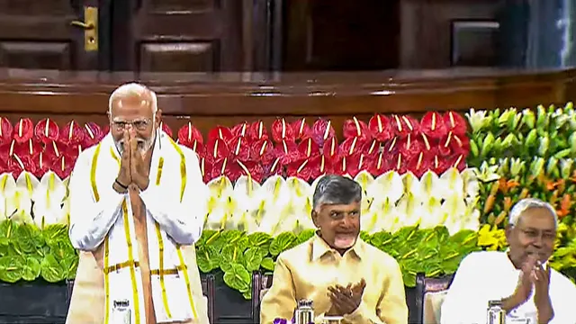 Senior BJP leader Narendra Modi with TDP chief N. Chandrababu Naidu and Bihar CM and JD(U) leader Nitish Kumar during the NDA parliamentary party meeting at Samvidhan Sadan, in New Delhi, Friday, June 7, 2024