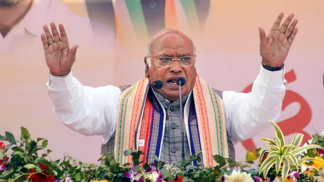 Mallikarjun Kharge addresses the supporters during a public meeting, in Bhubaneswar, Monday, Jan. 29, 2024