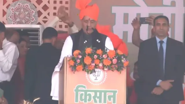 Defence Minister Rajnath Singh addressing a mega farmers' rally at Government Science College ground in Chhattisgarh's capital Raipur