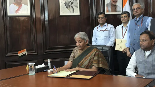 BJP MP Nirmala Sitharaman assumes charge as Finance Minister, at the South Block, in New Delhi, Wednesday, June 12, 2024.